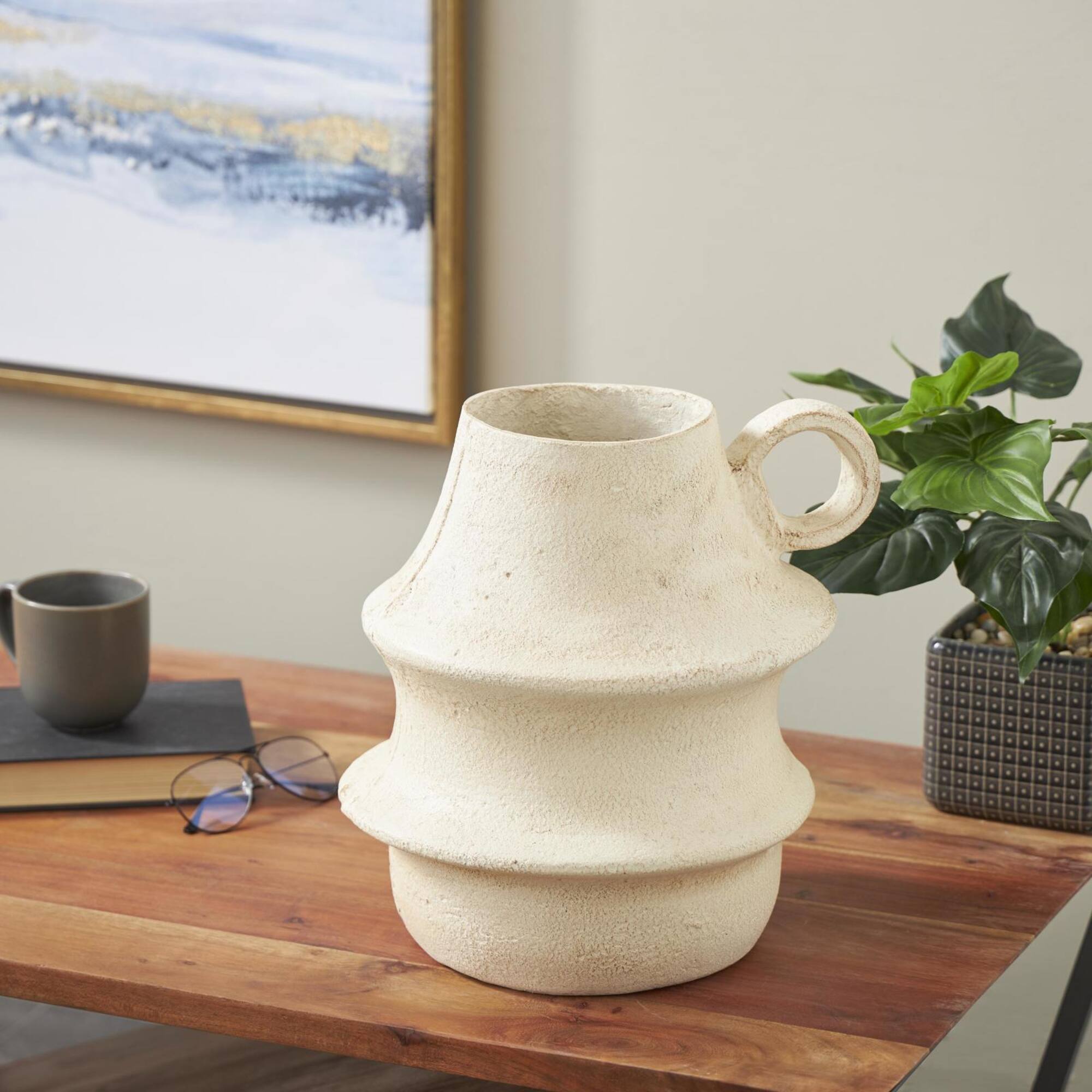 14" Cream Paper Mache Fluted Vase with Ring Handle